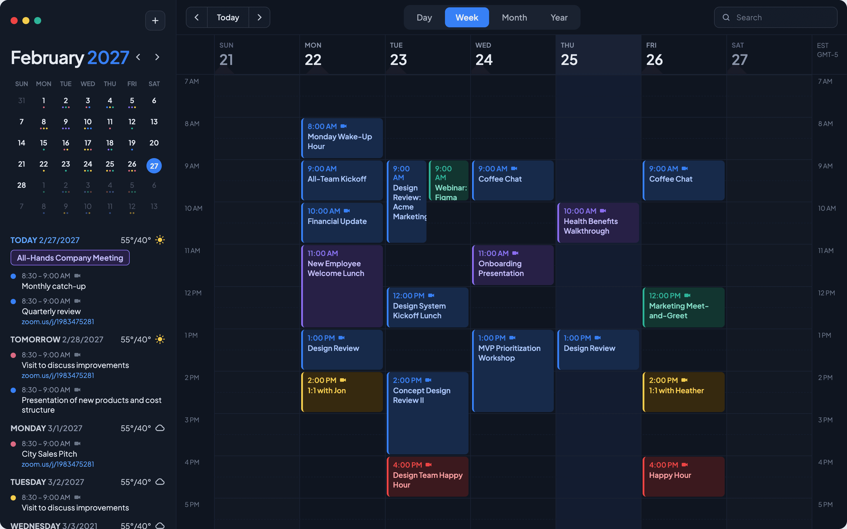 Weekly calendar view showing scheduled meetings across the organization