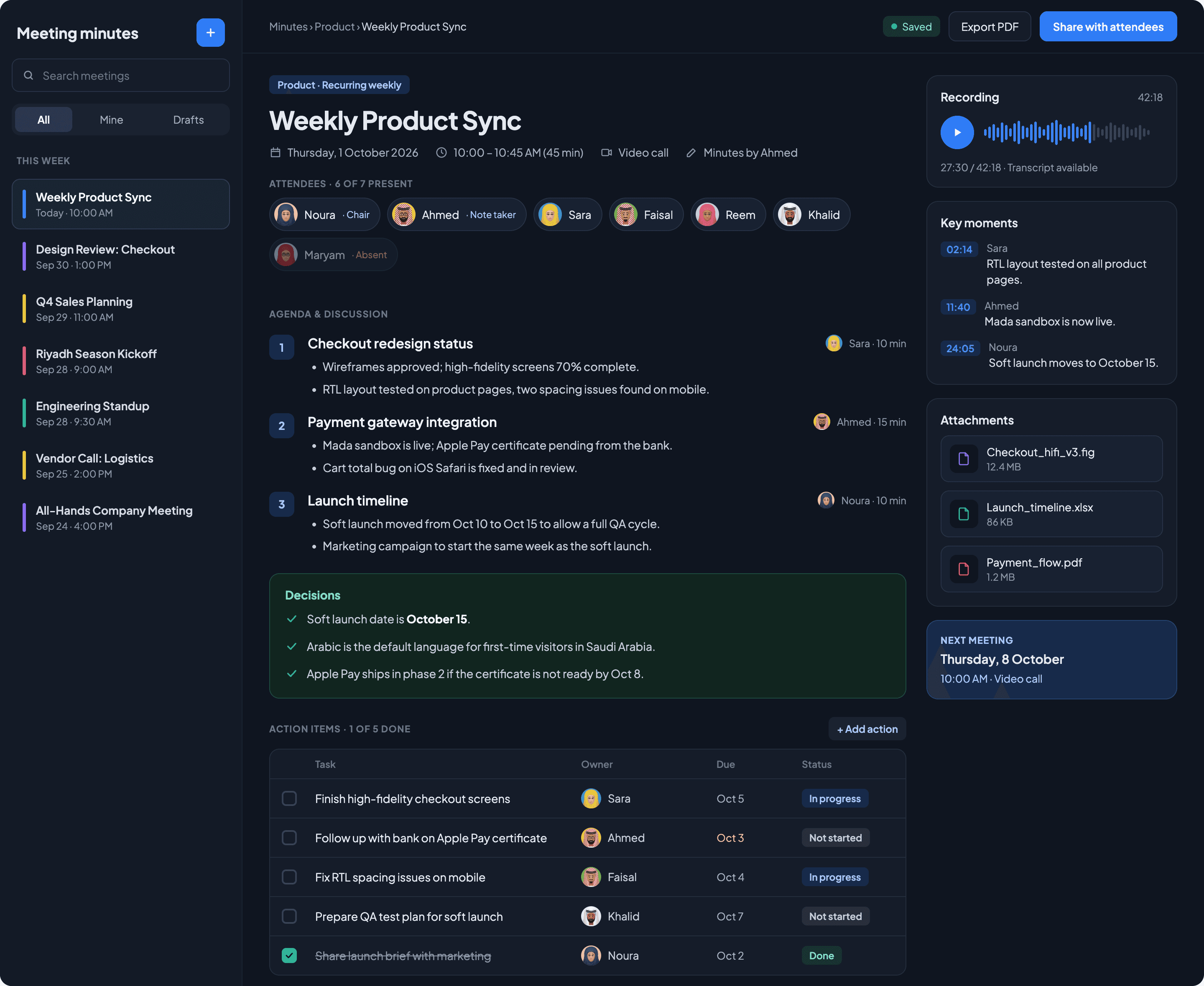 Meeting intelligence dashboard showing AI-extracted decisions, action items, and key moments
