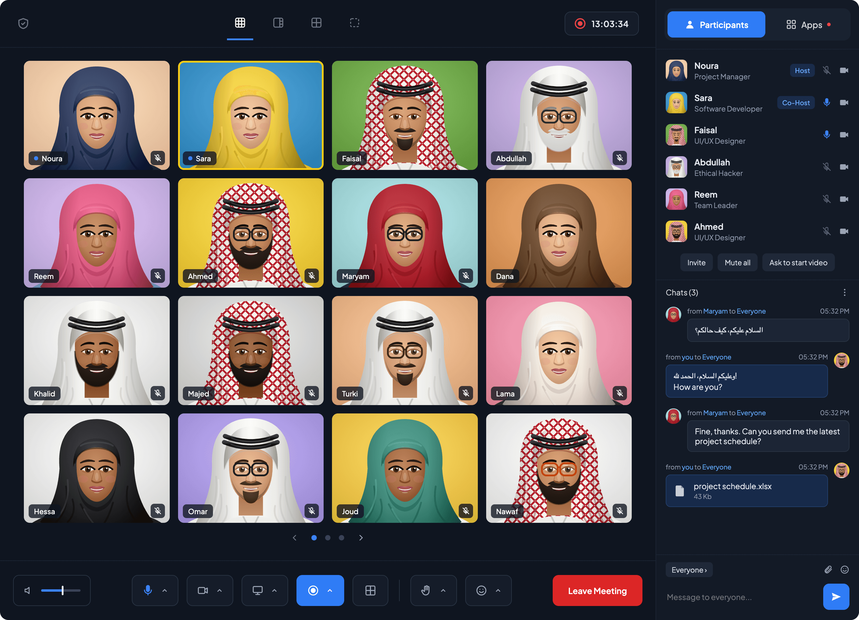 No5 live meeting room showing 16 participants in an active video call with chat and AI features